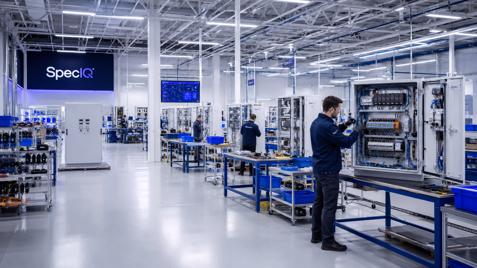 Wide shot of the SpecIQ factory floor with technicians at distance