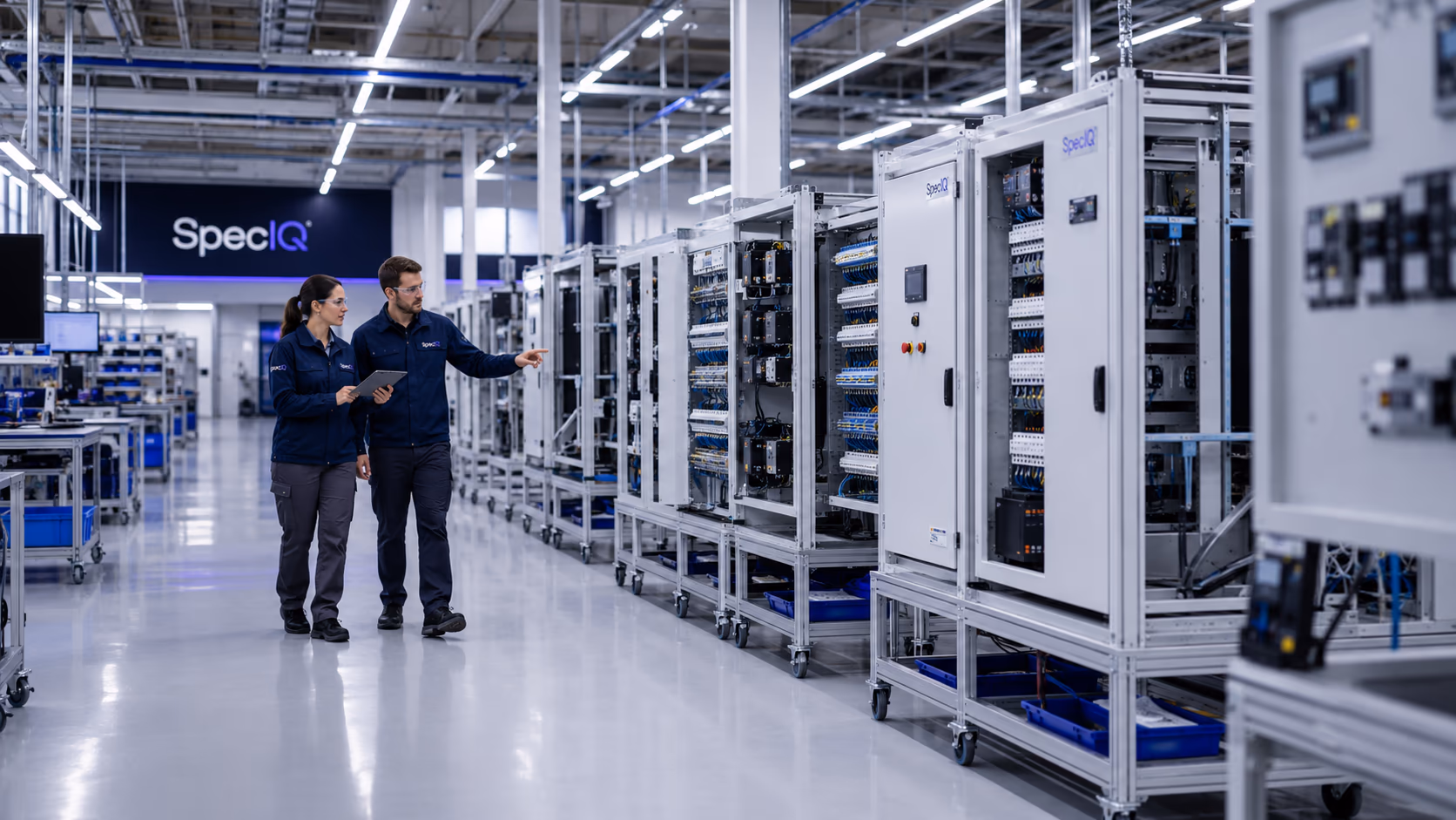 Aisle of finished SpecIQ panels in the facility